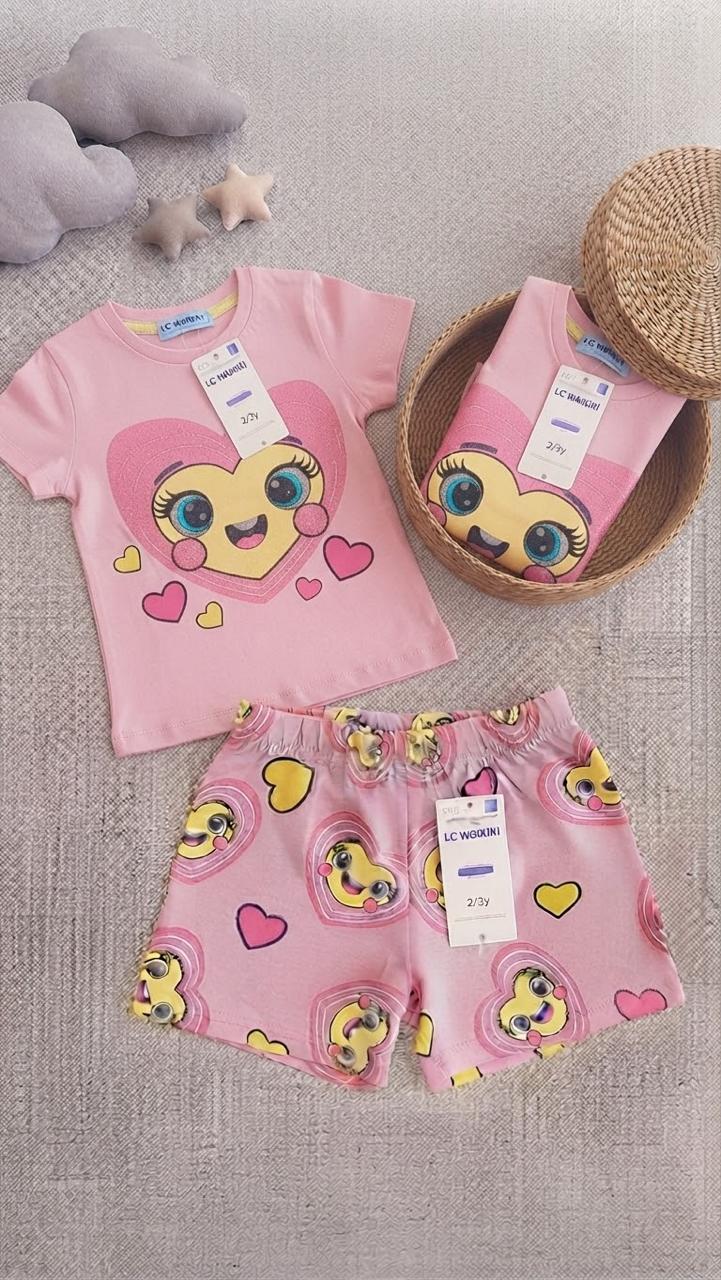 Girls' Pink Heart Character Cotton Pyjama Set
