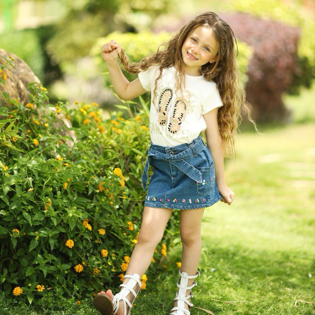 Cute Floral Detail Denim Mini Skirt for Girls
