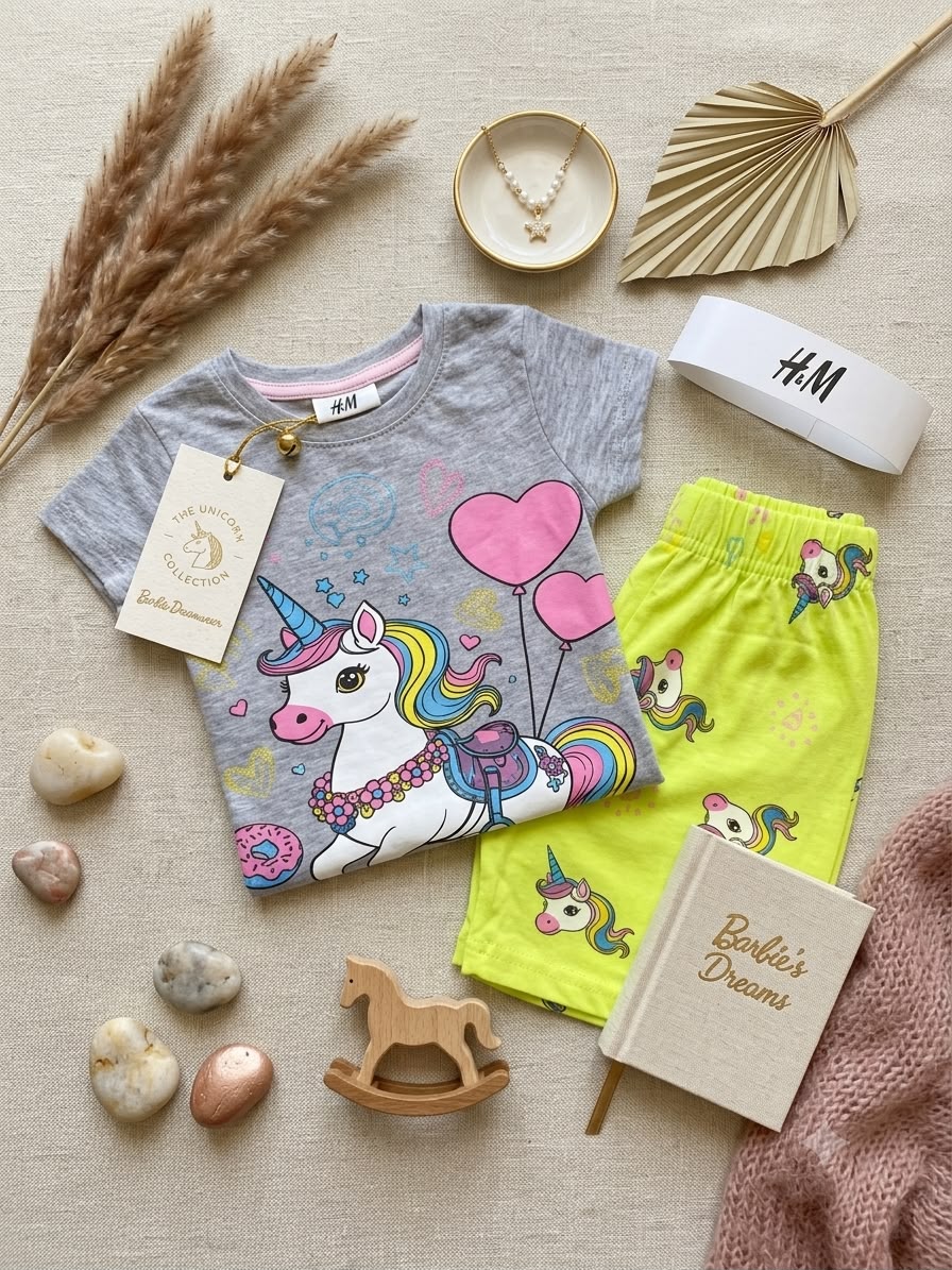 Girls' Magical Unicorn Grey & Lime Green Cotton Pyjama Set