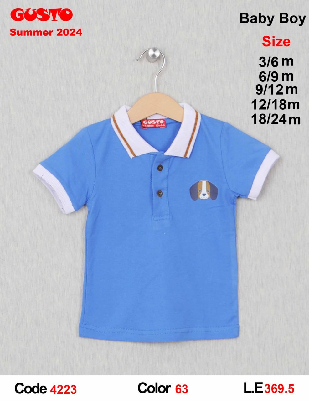 GUSTO Baby Boy Cotton Polo Shirt with Puppy Chest Motif