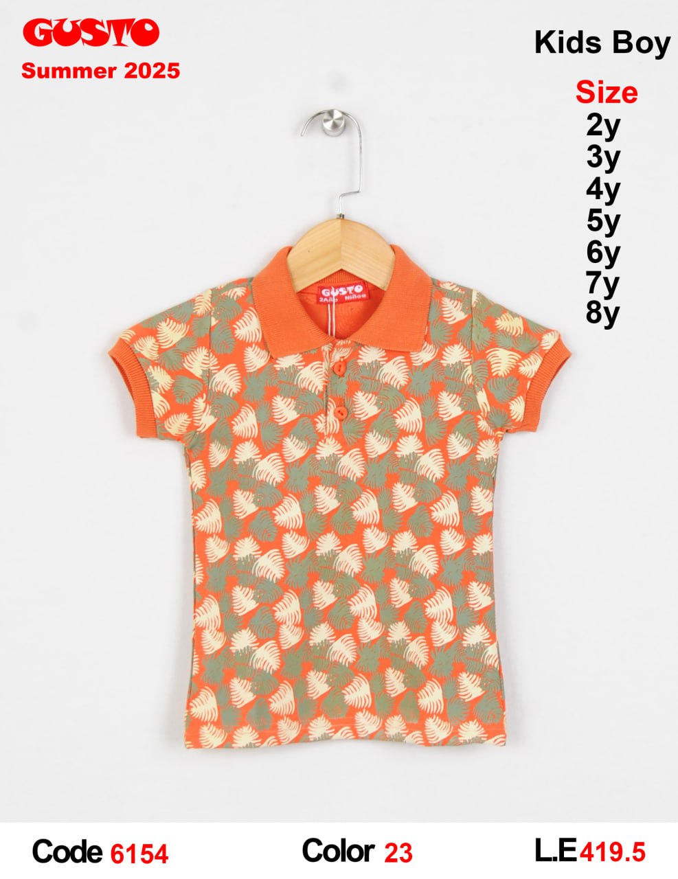 Kids Boy Orange Polo Shirt with Tropical Leaf Print